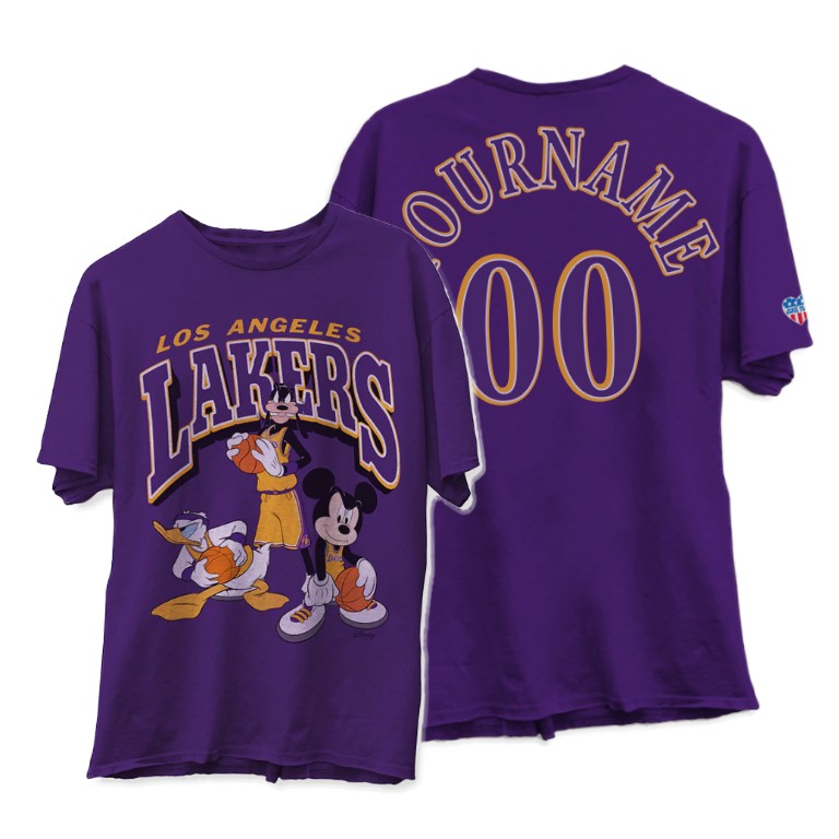 Men's Los Angeles Lakers Custom #00 NBA Squad Disney X Collection Mickey Junk Food Purple Basketball T-Shirt NAR3483SQ